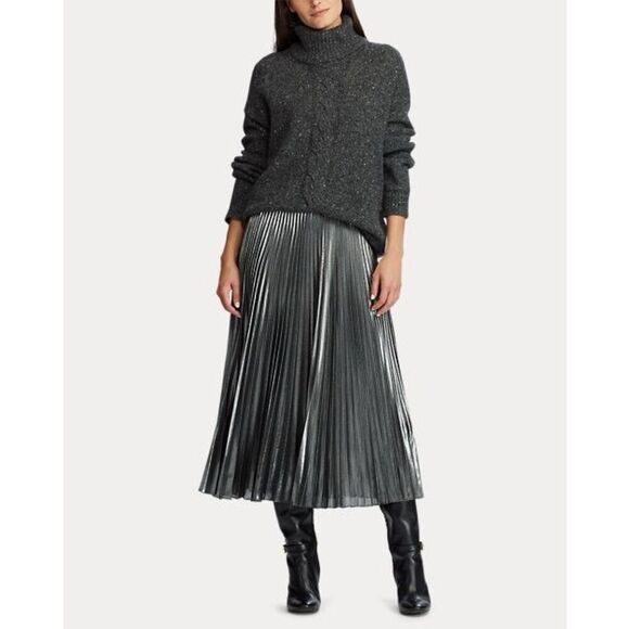 Lauren Ralph Lauren Silver Pleated Metallic Skirt Mid Length Sz 16W NEW